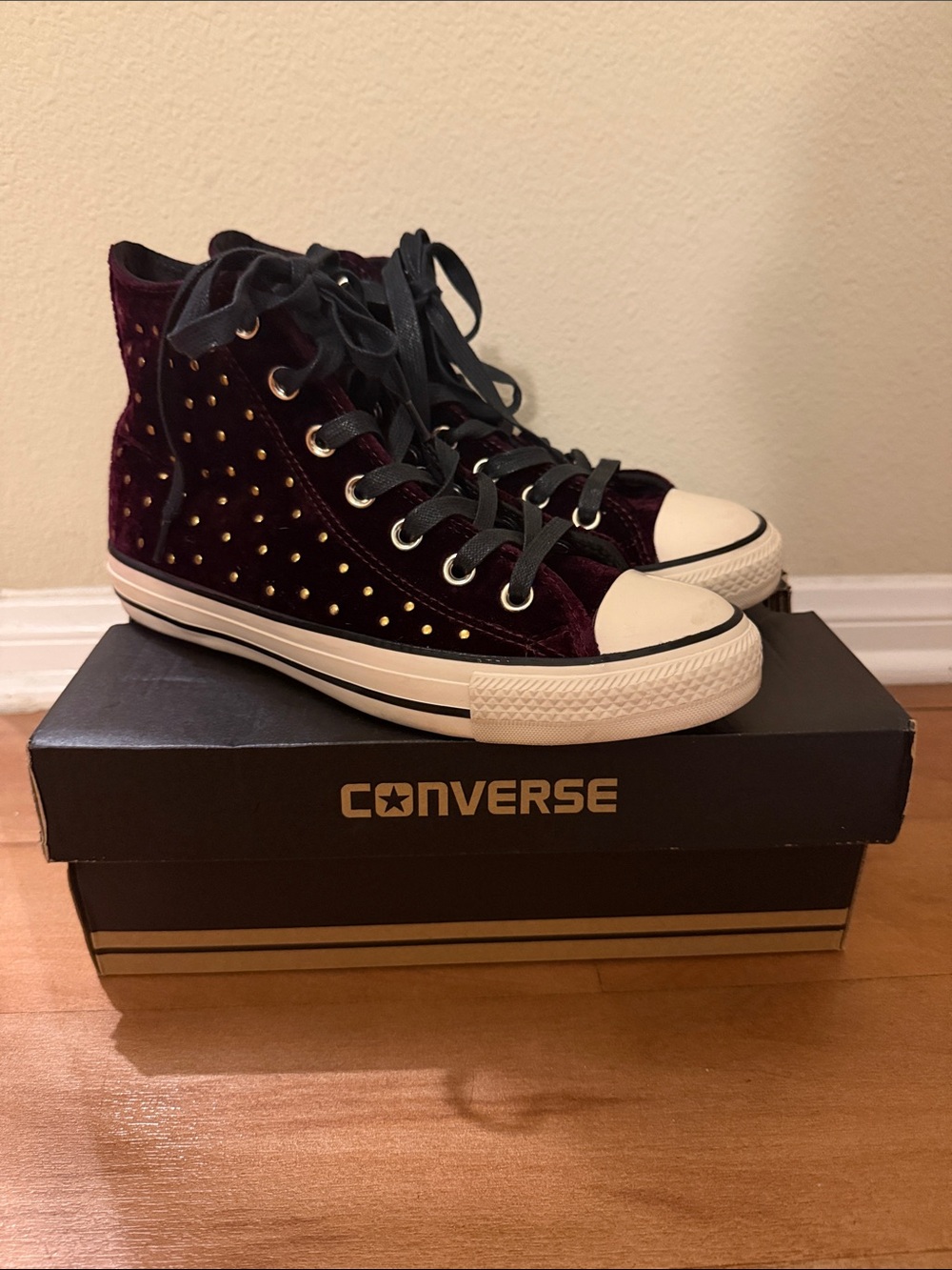 Converse High Top Velvet Sneakers in Burgundy with Black Laces and White Toe